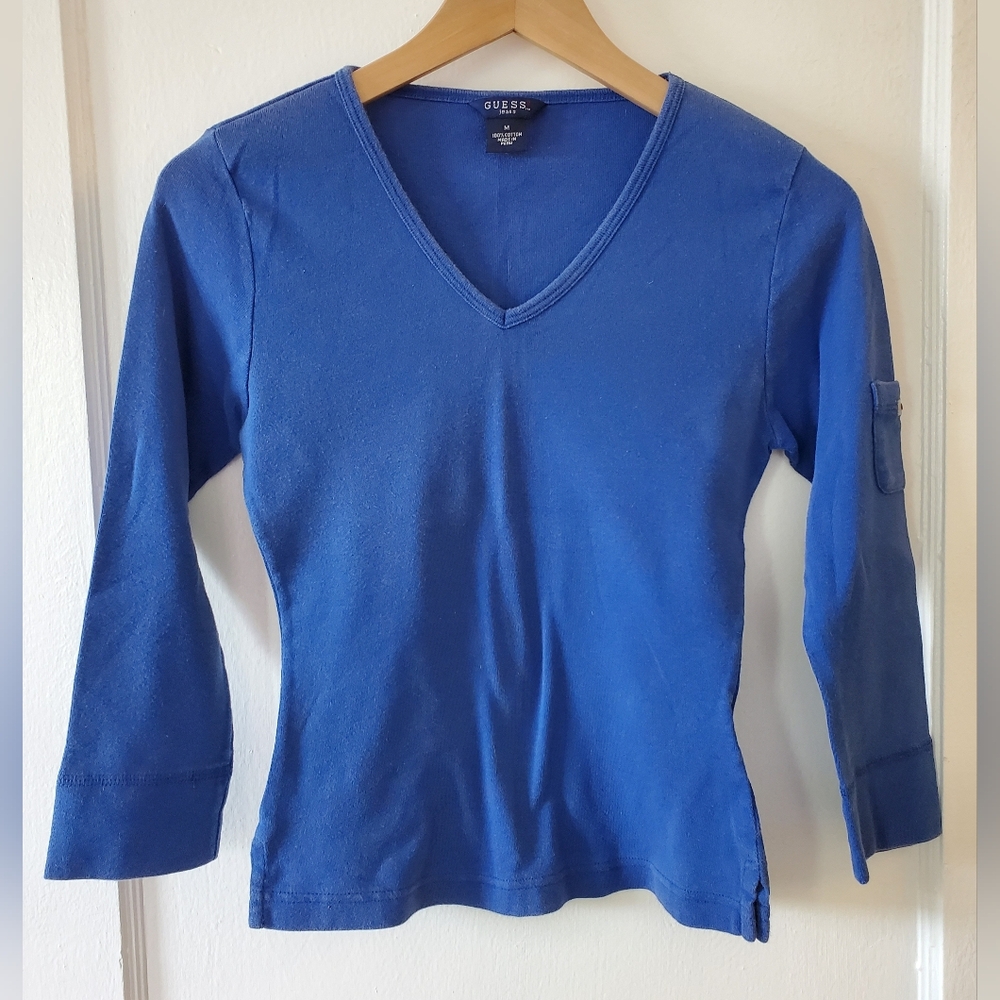 Vintage Y2K Guess Jeans 3/4 Sleeve Royal Blue V-neck Cotton Tee Women's Size M